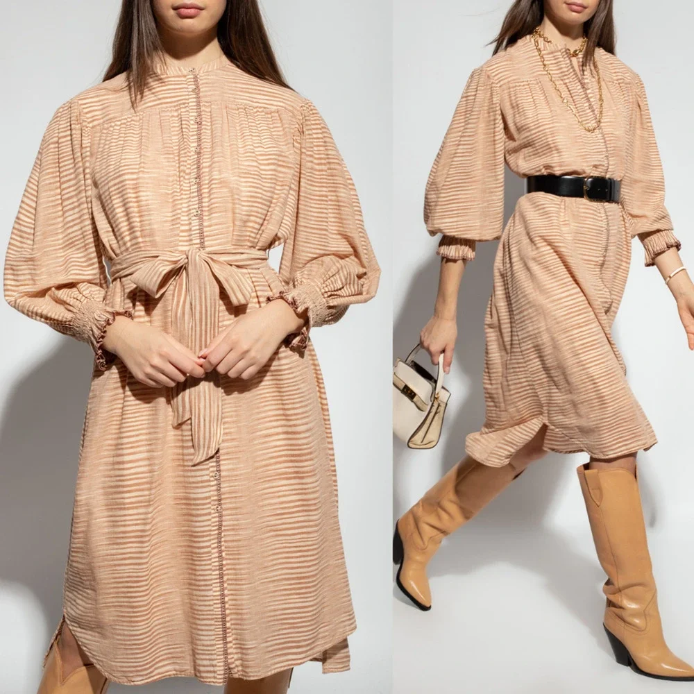 NEW Ulla Johnson Fiora Striped Shirt Dress Medium Sz 8 Beige Tan Brown Feminine